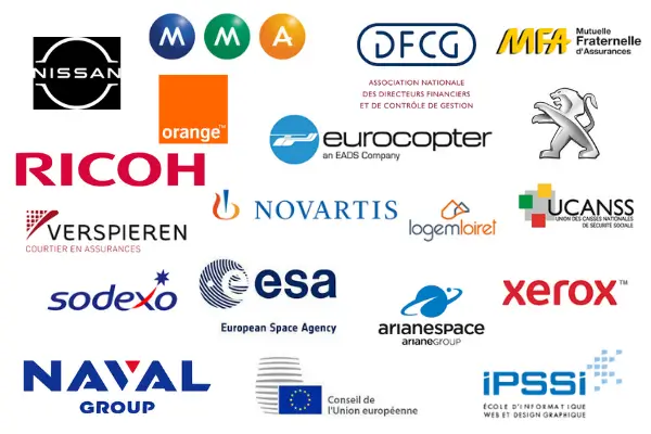 Logos of client organisations including Nissan, Sodexo, Arianespace, the European Space Agency, Naval Group and the Council of the European Union