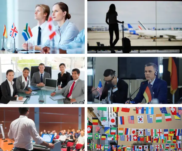 Collage of international business meetings, flags and conference rooms